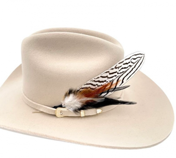 Topi berbulu dengan aksen bulu burung